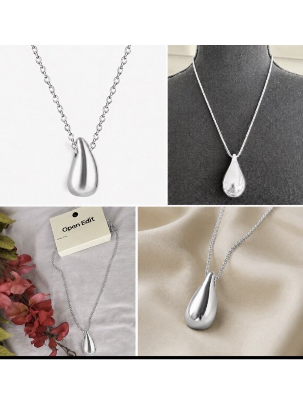 Open Edit Nordstrom Shiny Silver Teardrop Pendant 25" Nickel Free Necklace $30
